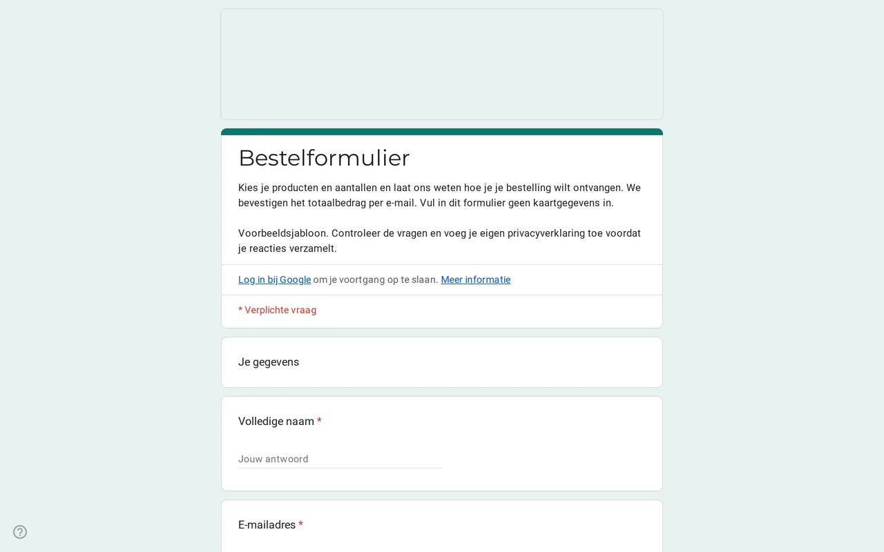 Google Formulieren bestelformulier Ordix met een raster voor productaantallen, maten en bezorgopties