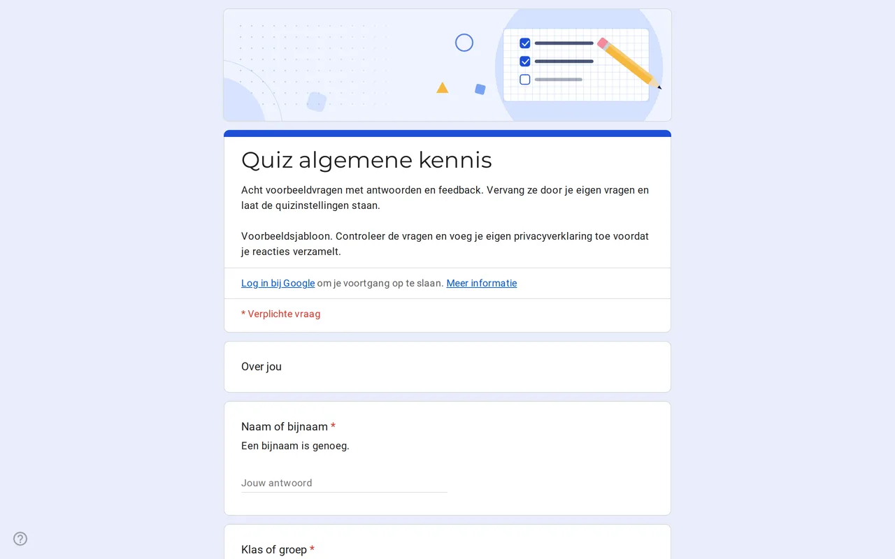 Google Formulieren quizsjabloon Quizora met meerkeuze-voorbeeldvragen, antwoordsleutel en punten