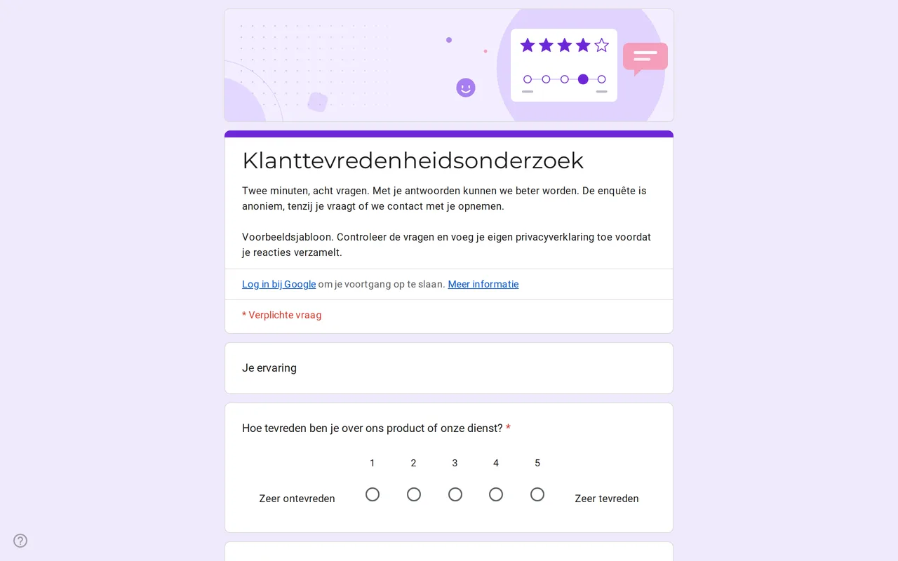 Google Formulieren klanttevredenheidsenquête Satisfa met beoordelingsschalen en een tevredenheidsraster