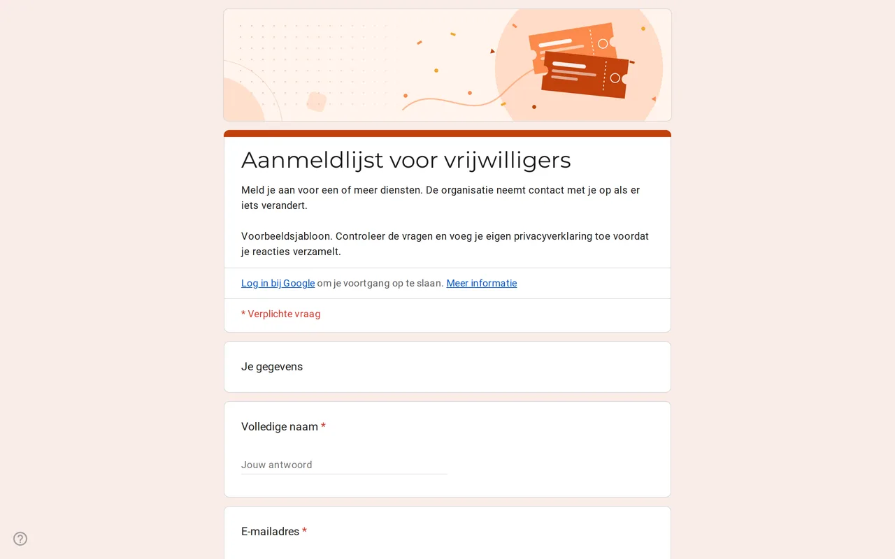 Google Formulieren inschrijflijst Slotly met selectievakjes voor tijdvakken en keuze van de taak voor vrijwilligers
