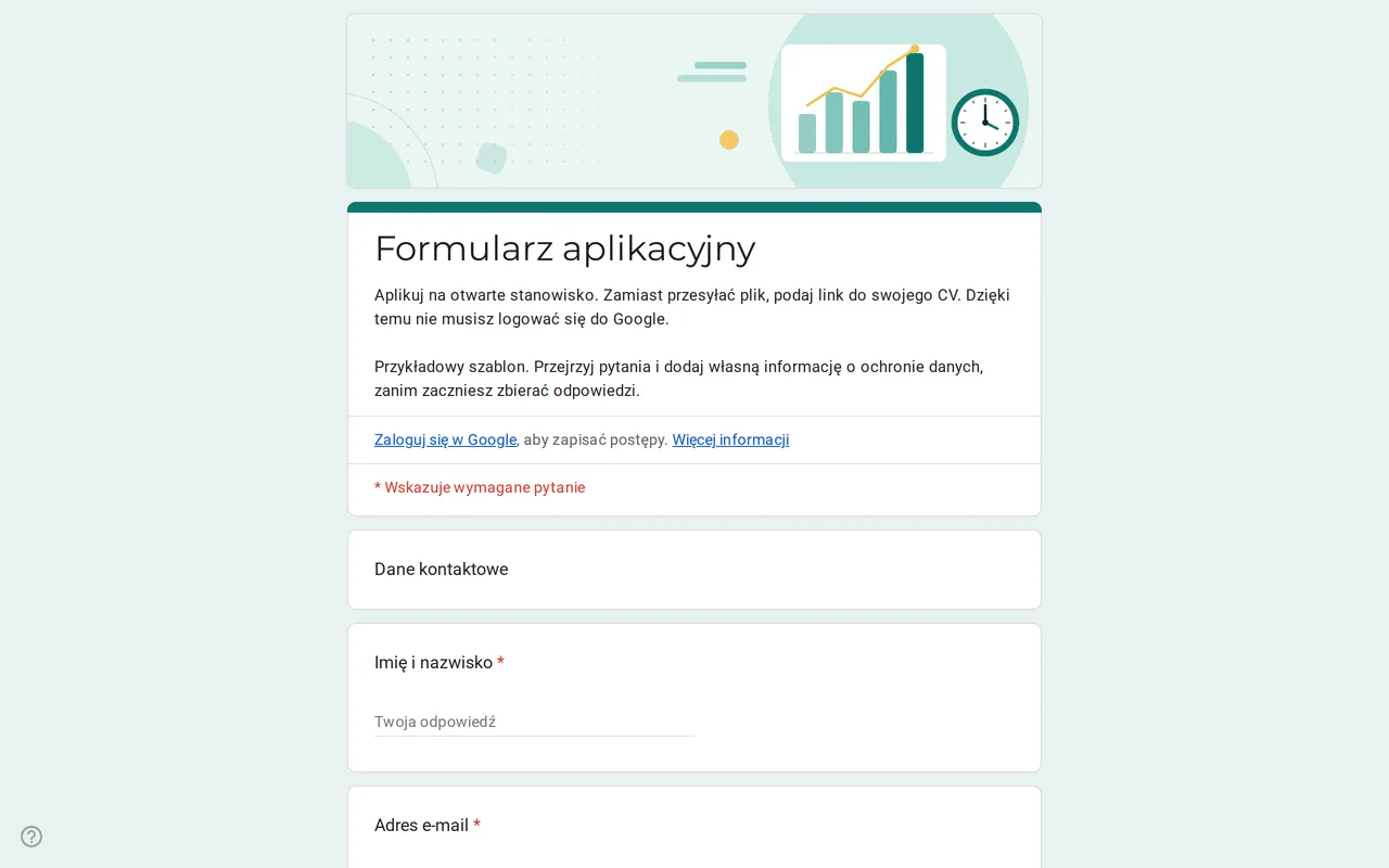 Szablon formularza rekrutacyjnego Hirova w Formularzach Google z listą stanowisk, datą rozpoczęcia i linkiem do CV