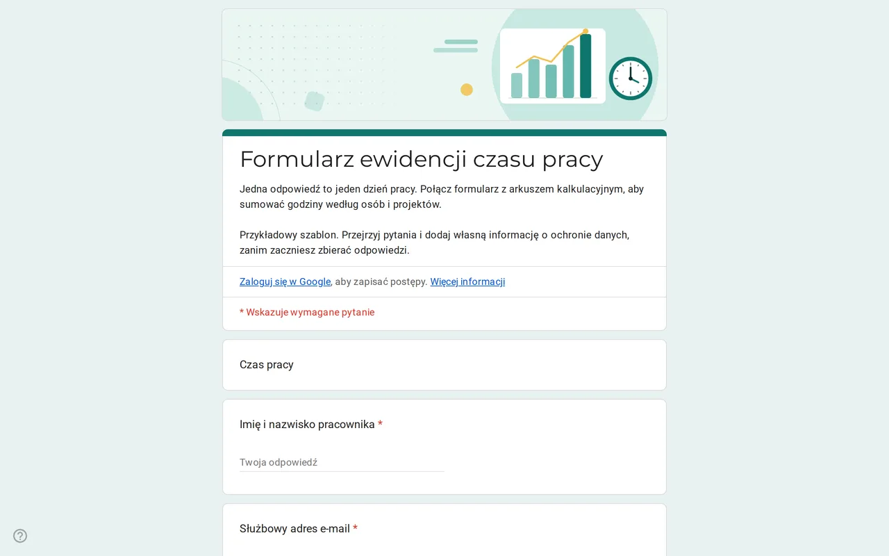 Szablon ewidencji czasu pracy Hourix w Formularzach Google z pytaniami o datę, godzinę rozpoczęcia i zakończenia, przerwę i projekt