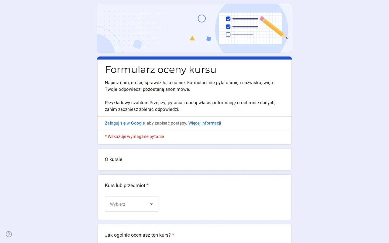 Ankieta oceny kursu Klasso w Formularzach Google ze skalą ocen i siatką dla tempa, materiałów i zadań