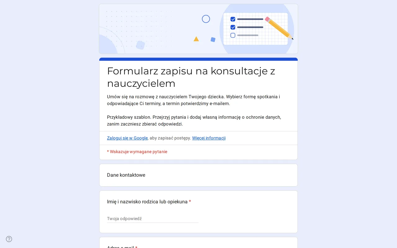 Szablon Formularzy Google Meetrix do konsultacji z rodzicami z pytaniami o formę spotkania i terminy