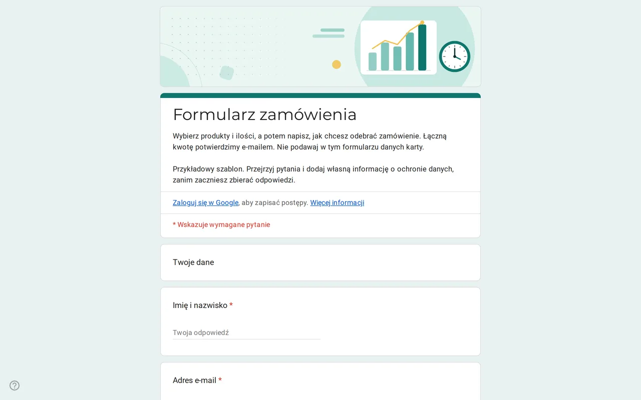 Szablon formularza zamówienia Ordix w Formularzach Google z siatką ilości produktów, rozmiarami i opcjami dostawy