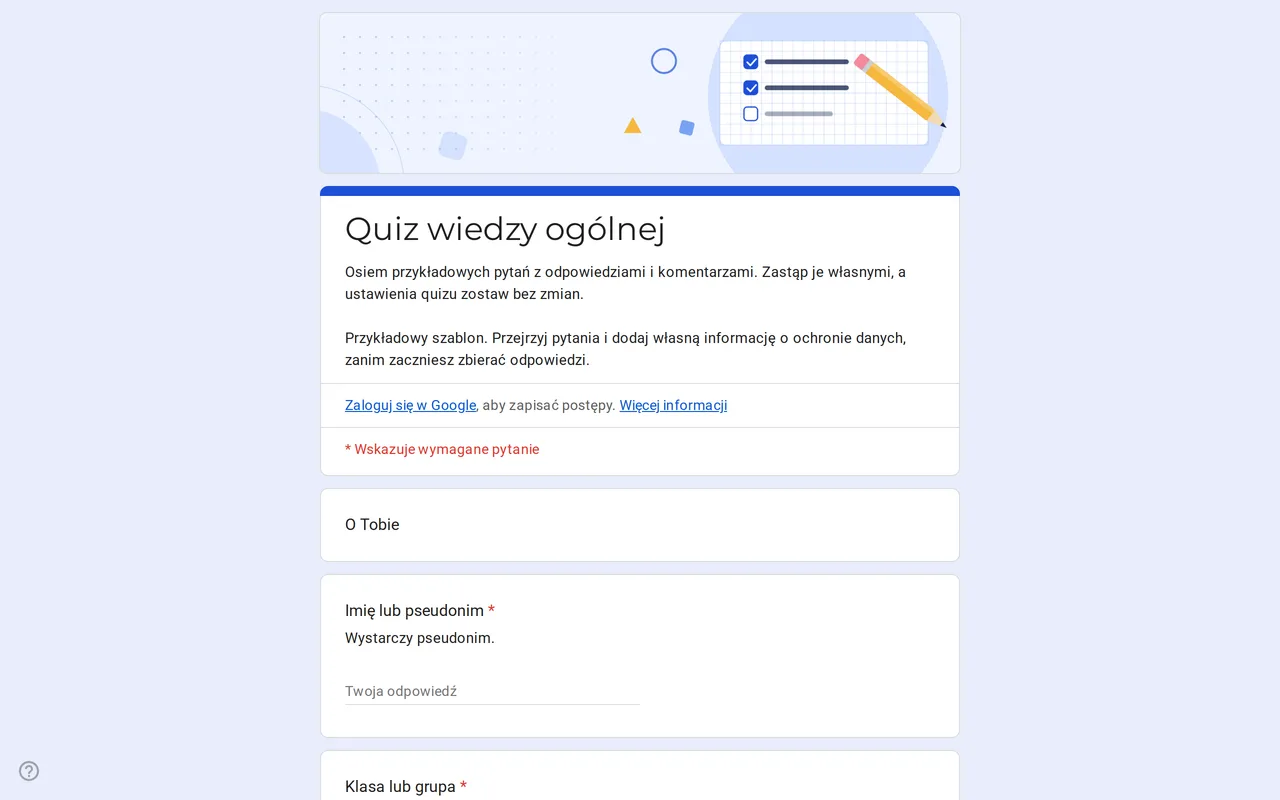 Quiz Quizora w Formularzach Google z przykładowymi pytaniami jednokrotnego wyboru, kluczem odpowiedzi i punktami