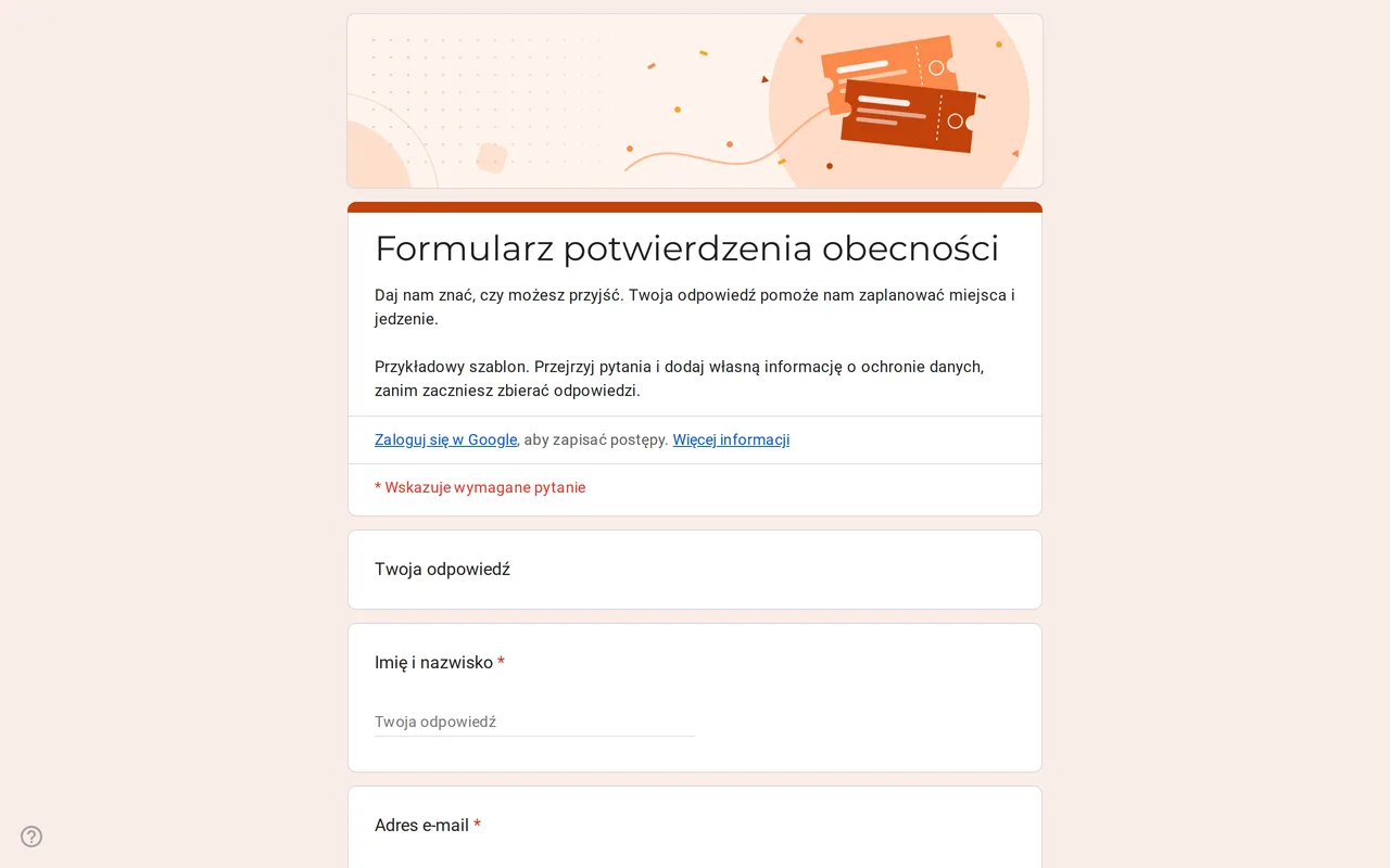 Formularz Google Replya do potwierdzenia obecności z pytaniem, czy gość przyjdzie, i odpowiedziami tak, nie i jeszcze nie wiem