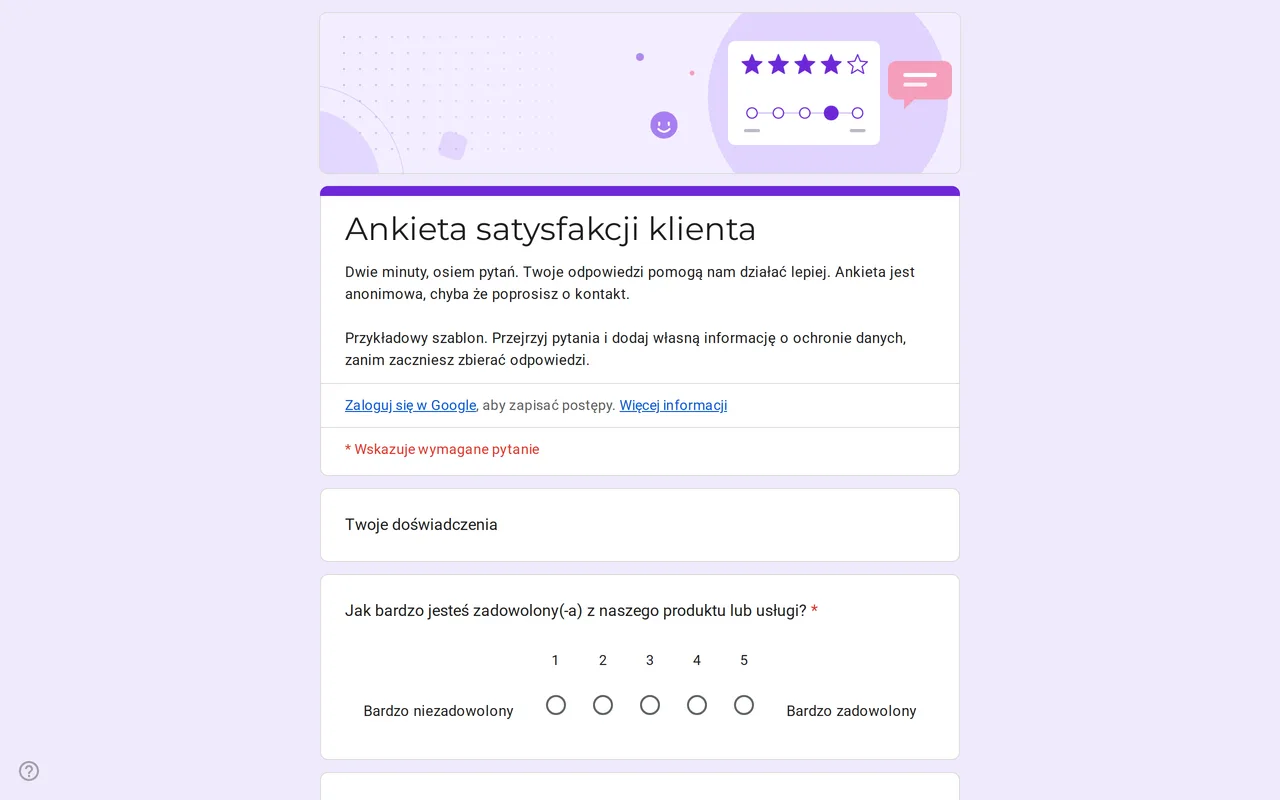 Ankieta satysfakcji klienta Satisfa w Formularzach Google ze skalami ocen i siatką zadowolenia