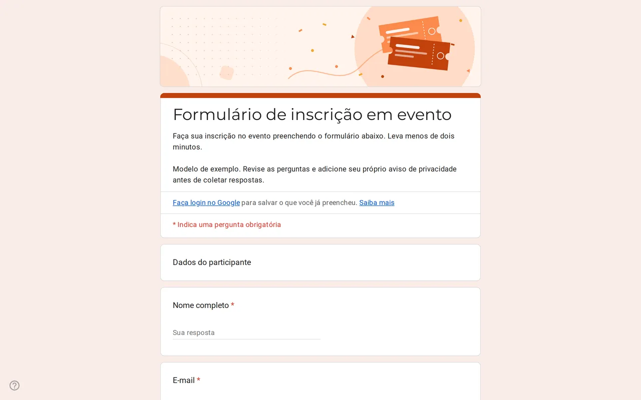 Modelo Google Forms Eventra de inscrição em evento com perguntas de dados do participante, tipo de ingresso e sessões