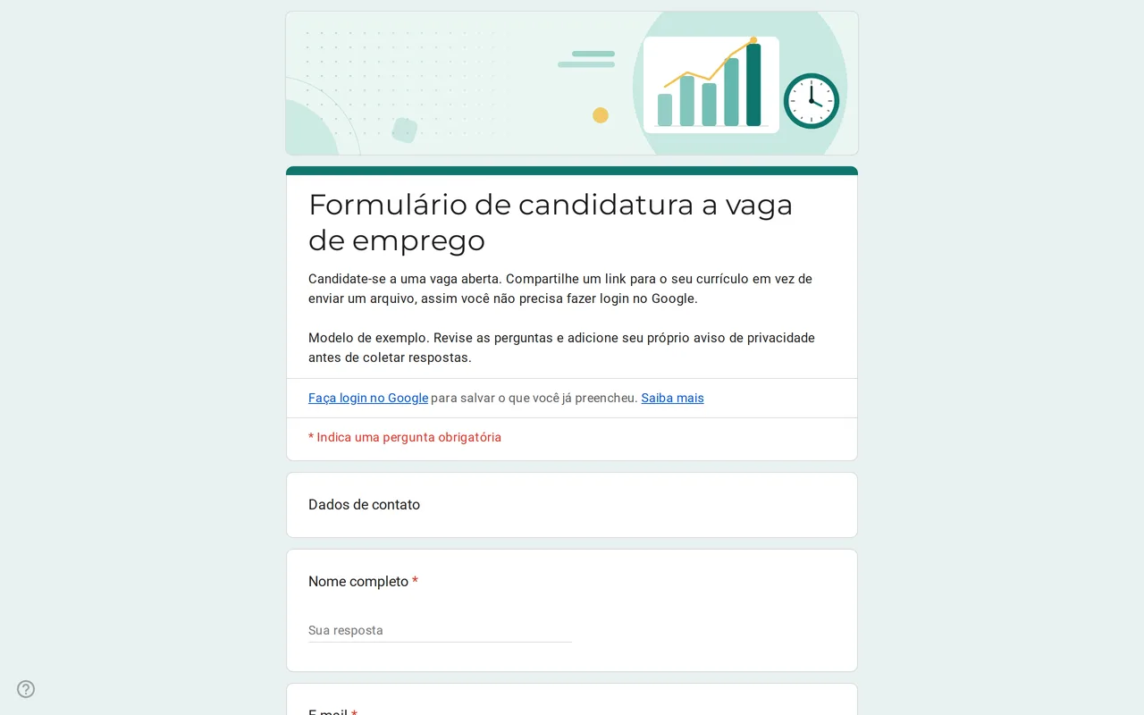 Modelo Google Forms Hirova de candidatura a emprego com lista de vagas, data de início e link para o currículo