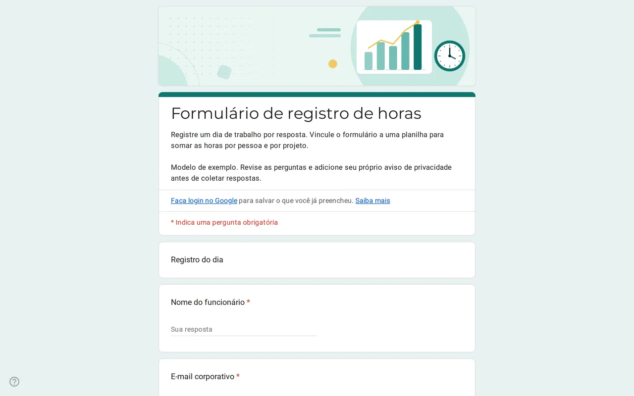 Modelo Google Forms Hourix de registro de horas com perguntas de data, hora de entrada, hora de saída, intervalo e projeto