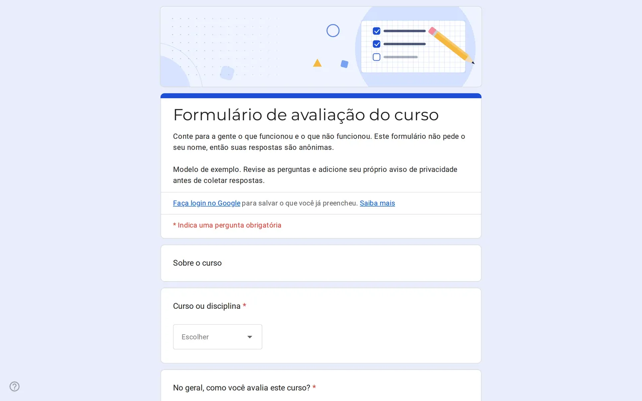 Formulário Google Klasso de avaliação do curso com escala de nota e grade para ritmo, materiais e atividades