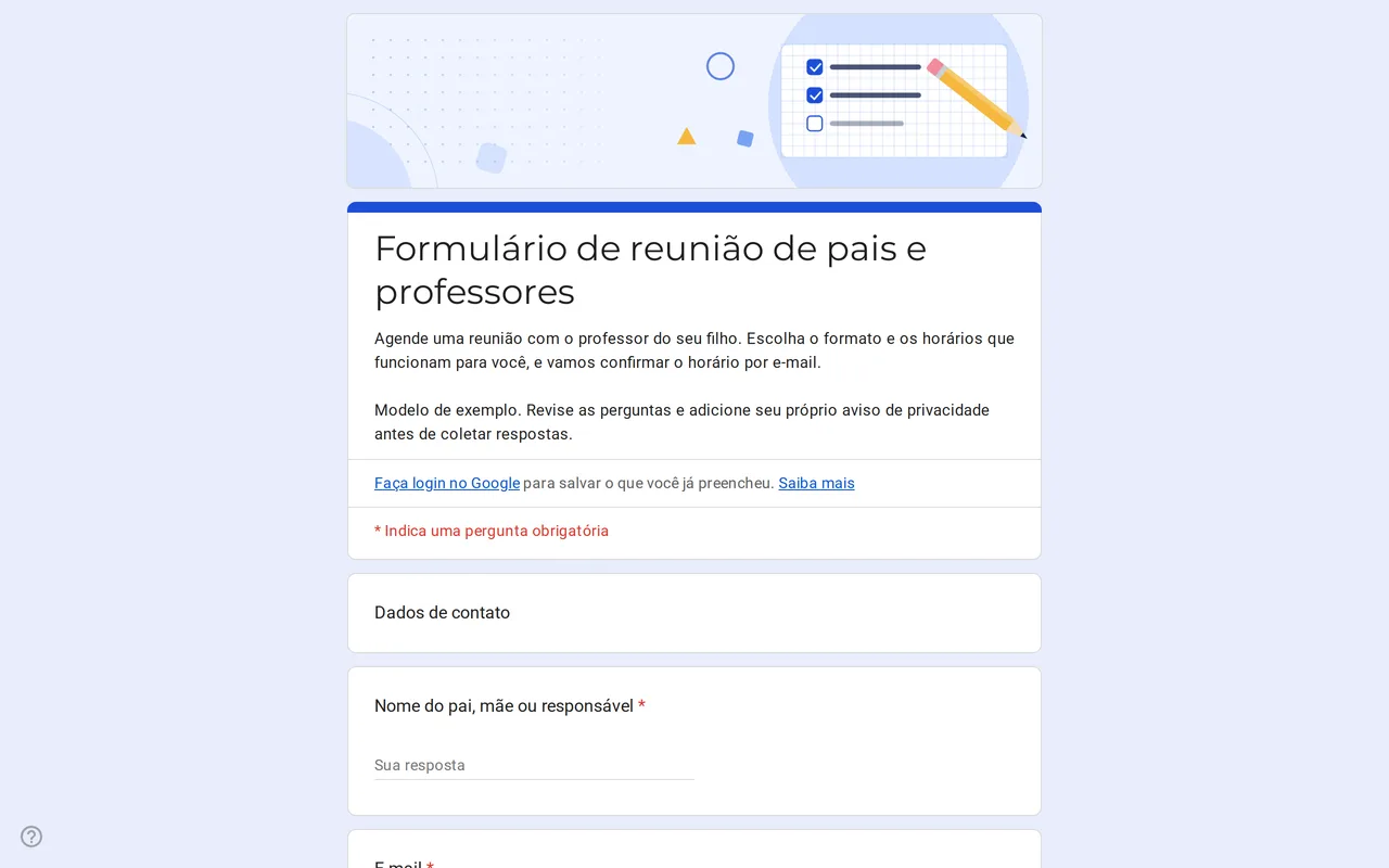 Modelo Google Forms Meetrix de reunião de pais e professores com perguntas de formato e horários