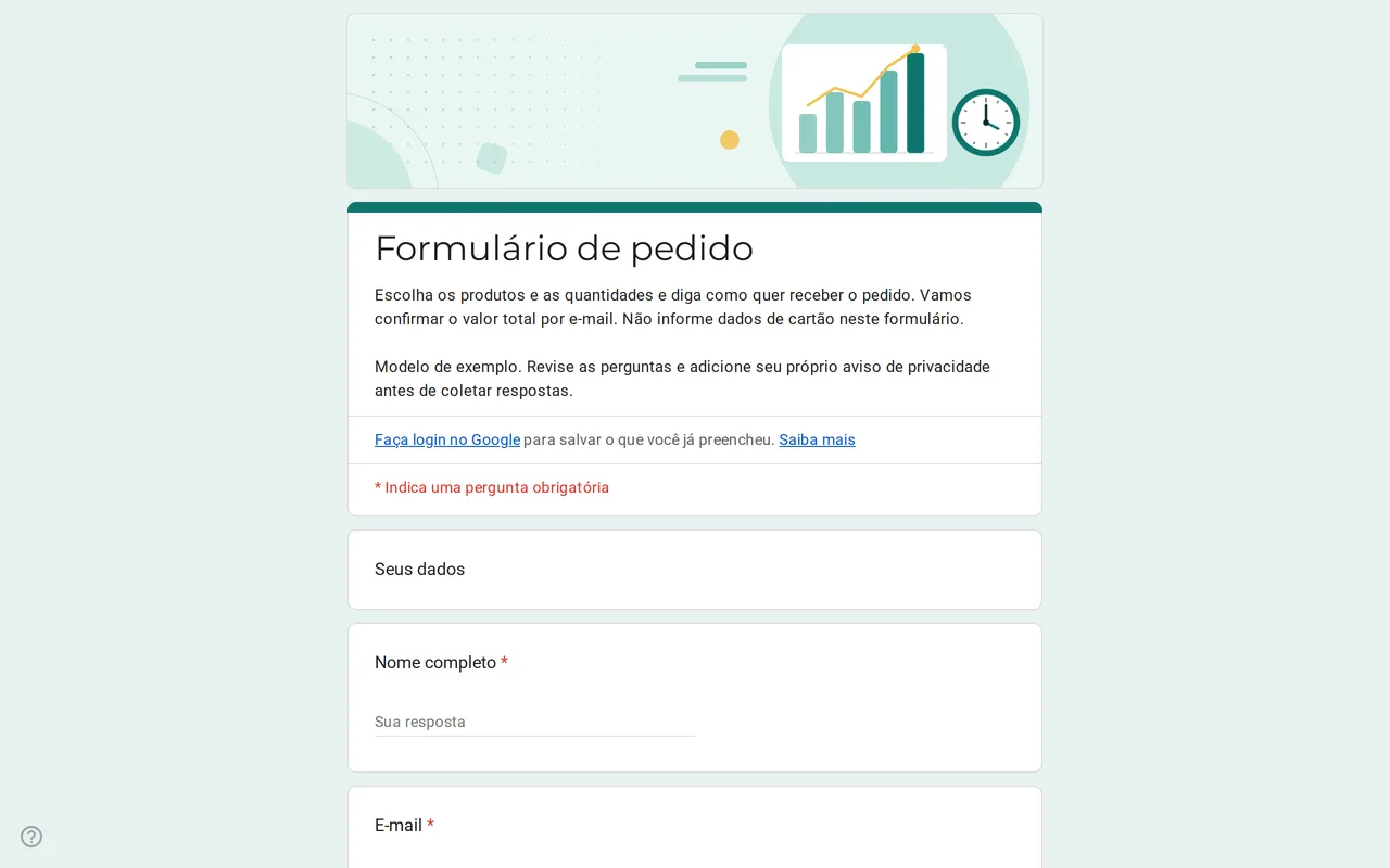 Modelo de formulário de pedido Ordix no Google Forms com grade de quantidades por produto, tamanhos e opções de entrega