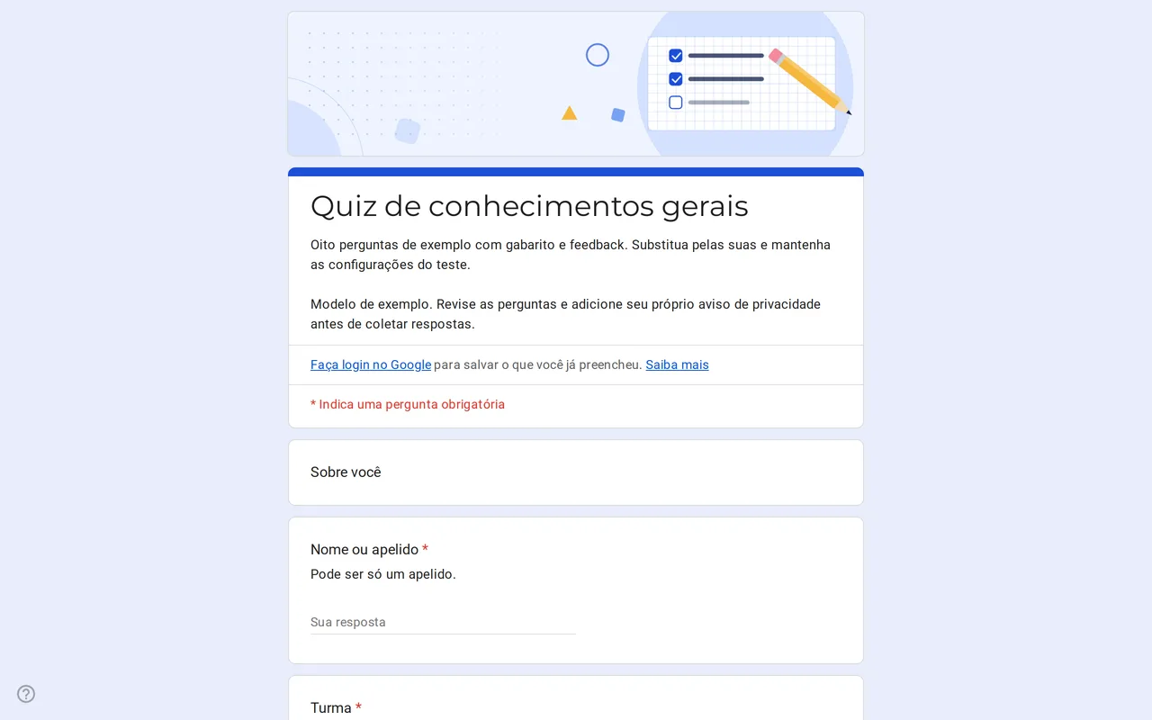 Formulário Google Quizora para quiz com perguntas de múltipla escolha de exemplo, gabarito e pontos