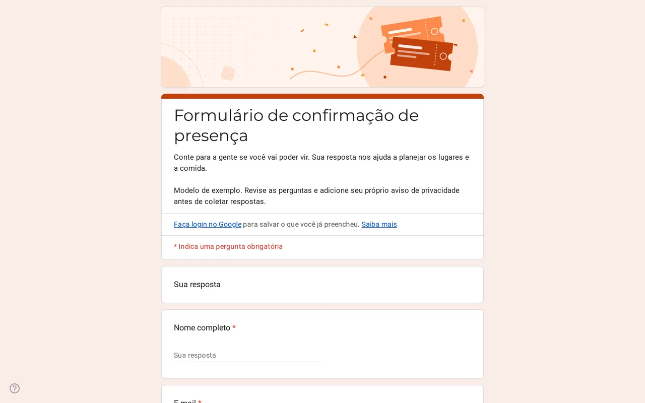 Formulário Google Replya de confirmação de presença com a pergunta Você vai comparecer? e as opções sim, não e ainda não sei