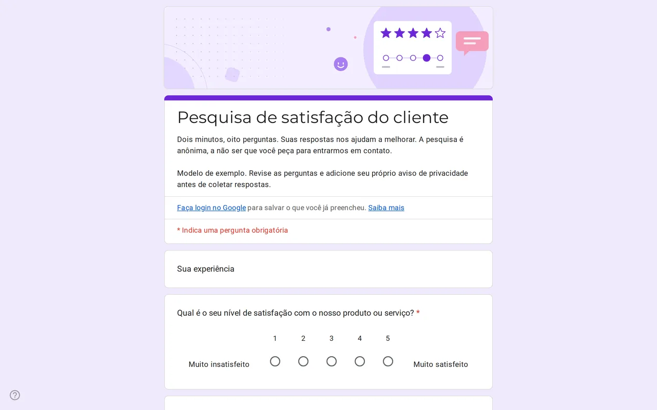 Formulário Google Satisfa de pesquisa de satisfação do cliente com escalas de nota e grade de satisfação