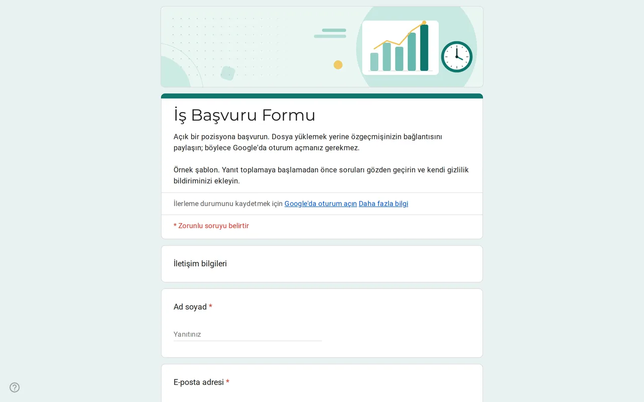 Pozisyon açılır listesi, başlangıç tarihi ve özgeçmiş bağlantısı soruları içeren Hirova Google Form iş başvuru şablonu