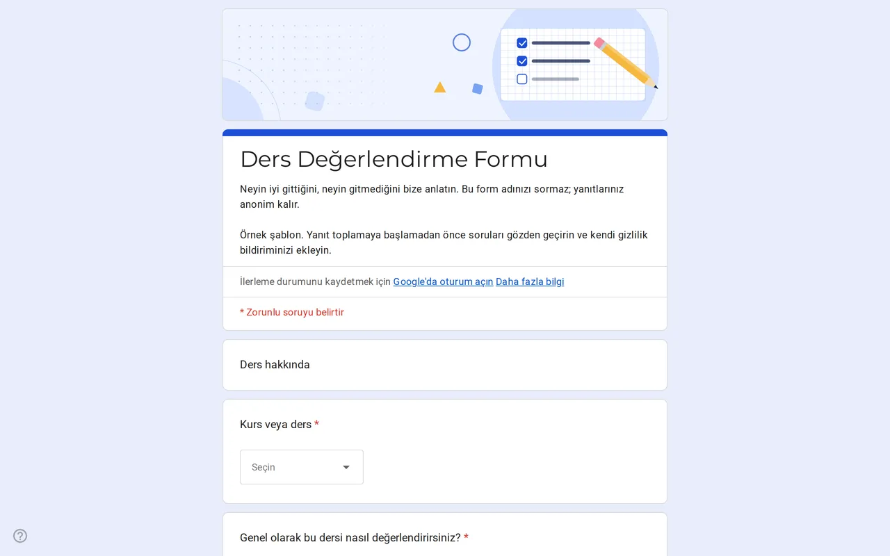 Puanlama ölçeği ve hız, materyaller ve ödevler için tablo içeren Klasso ders değerlendirme Google Formu