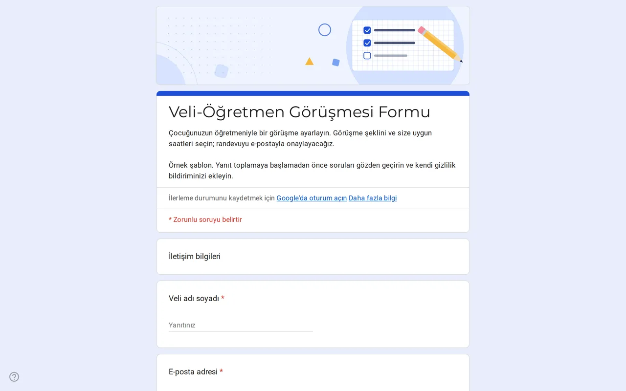 Görüşme şekli ve saat seçimi sorularını içeren Meetrix veli görüşmesi Google Form şablonu