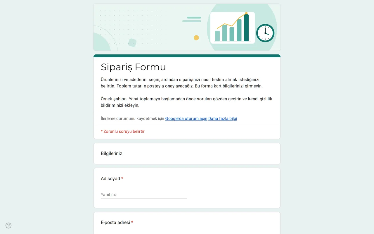 Ürün adet tablosu, bedenler ve teslimat seçenekleri içeren Ordix Google Form sipariş formu şablonu