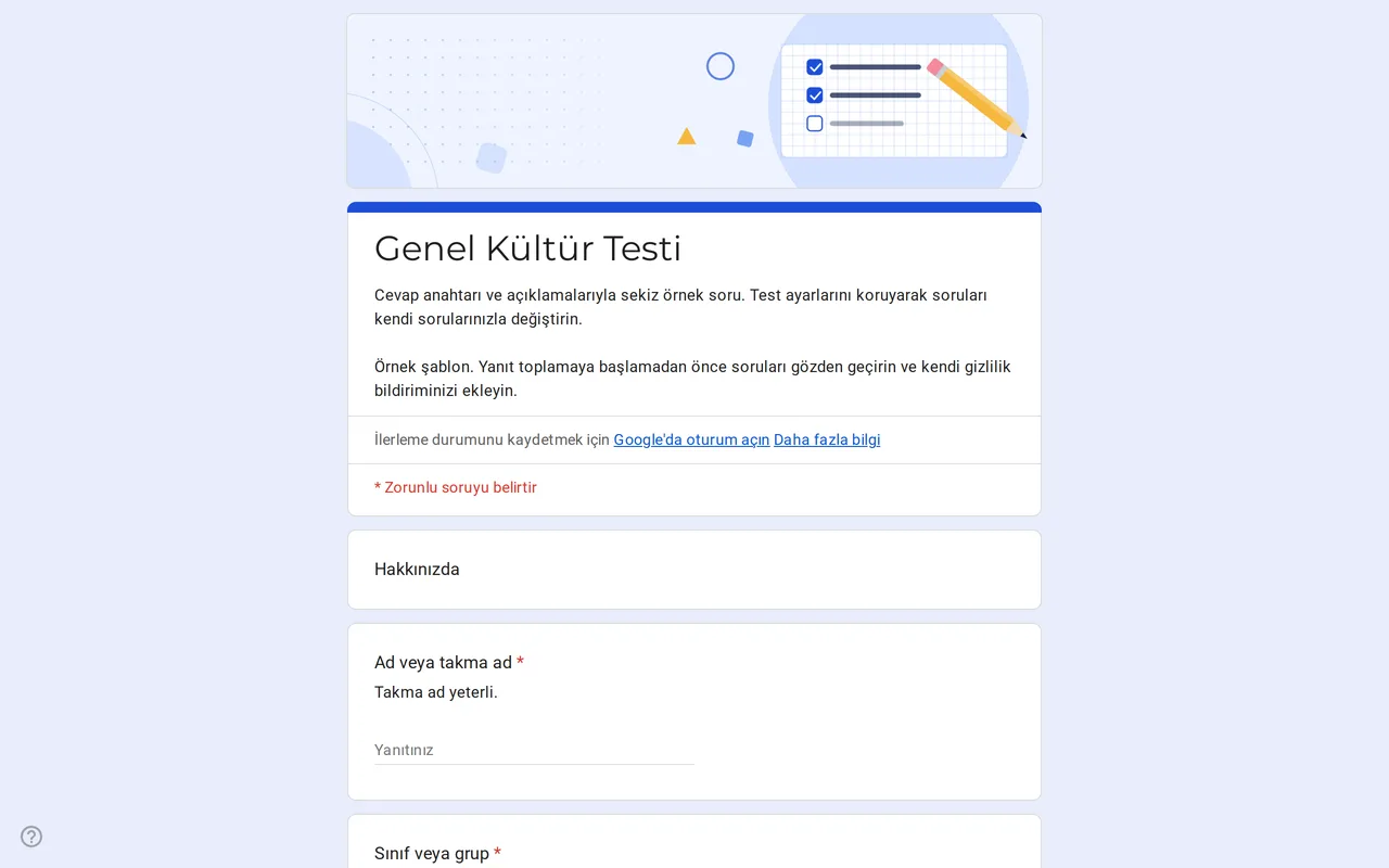Örnek çoktan seçmeli sorular, cevap anahtarı ve puanlar içeren Quizora Google Form test şablonu