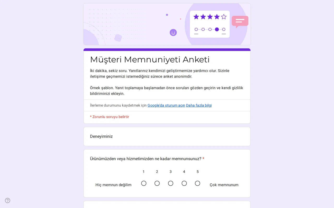Puanlama ölçekleri ve memnuniyet tablosu içeren Satisfa müşteri memnuniyet anketi Google Formu